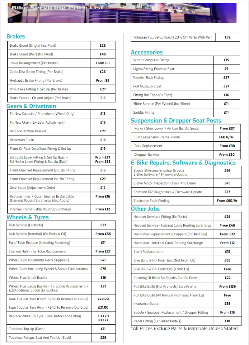 Workshop Servicing Menu Options 2022